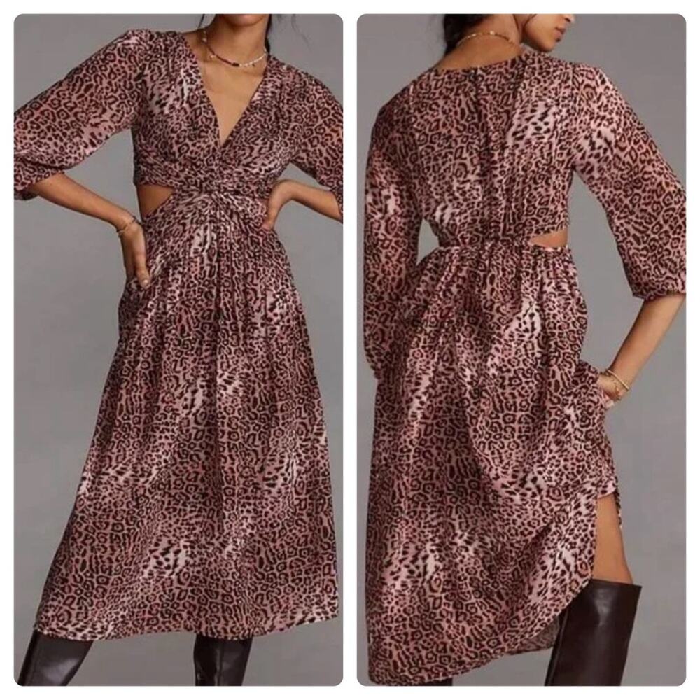 Anthropologie Ranna Gill Leopard Print Cut-out Midi Dress
